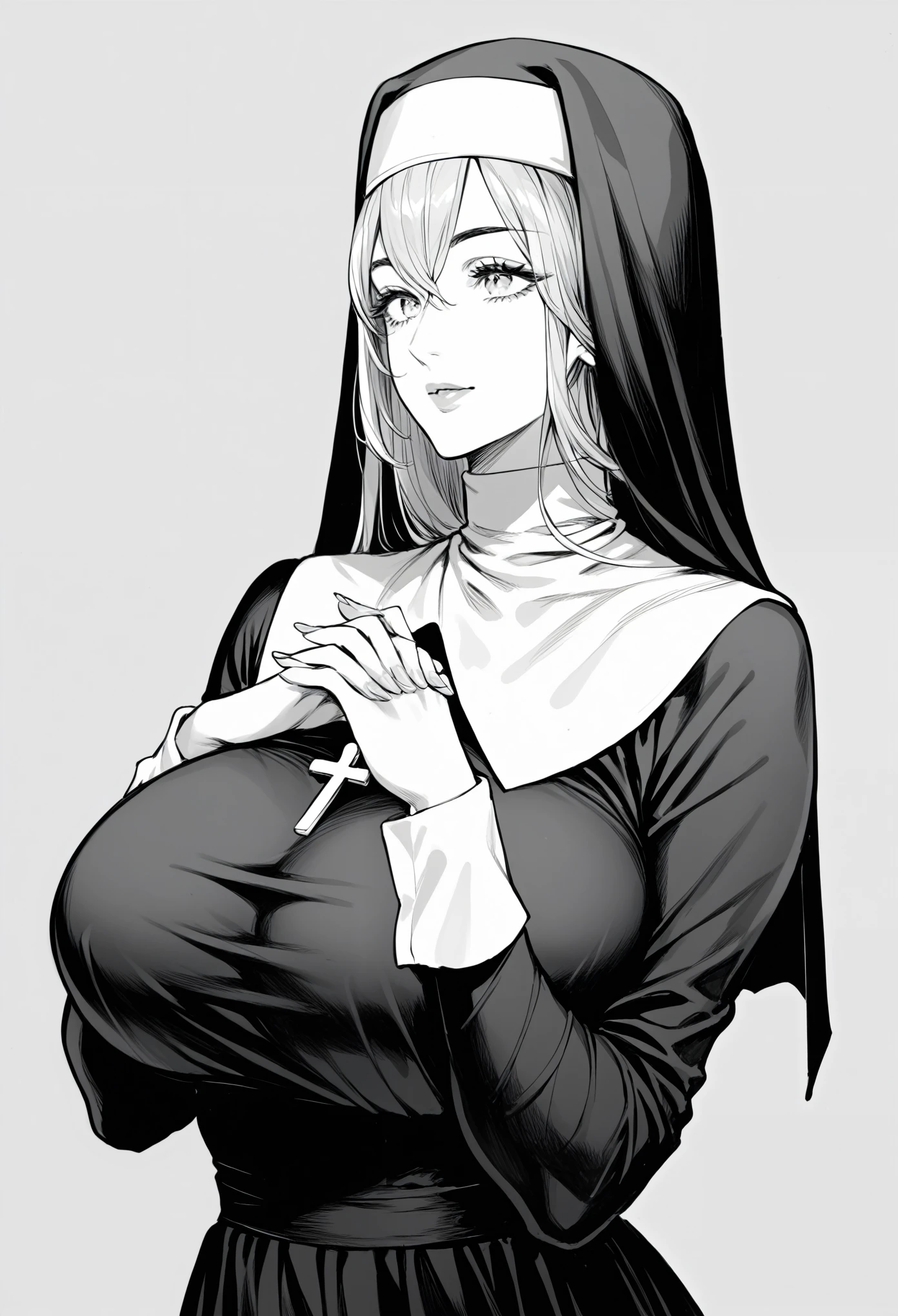 score_9, score_8_up, score_7_up, score_6_up, score_5_up, score_4_up, source_manga, rating_safe, 1girl, oni, monochrome, detailed crosshatching,  nun outfit, huge breasts, hands clasped under chest, rosary around neck,