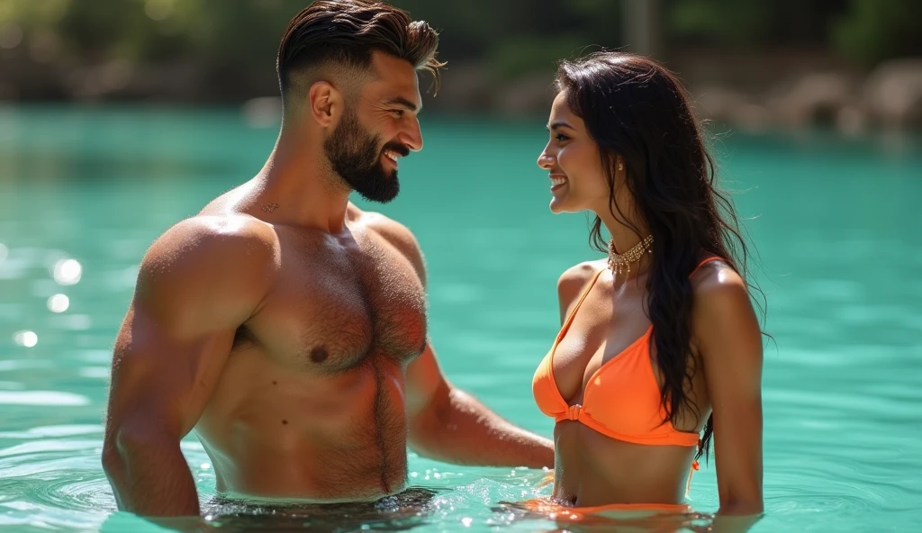 A Masculer man,hairy chest,wearing swiming shorts,teaching swimming technics,to a beautiful Young woman,wearing Orange coloure swiming bikni,Sindoor on hair line of head,smilling looking to mans body