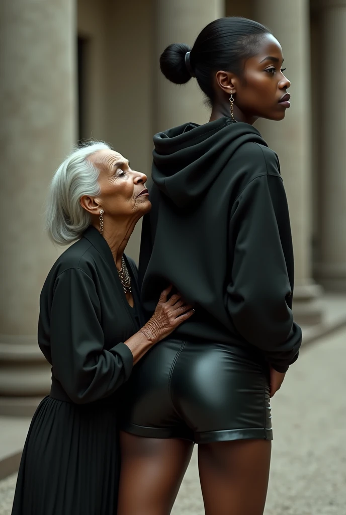 black woman hair in a bun black hoodie black leather short shorts a old grandma in a dress on her knees kissing her ass behind her squeezing her butt