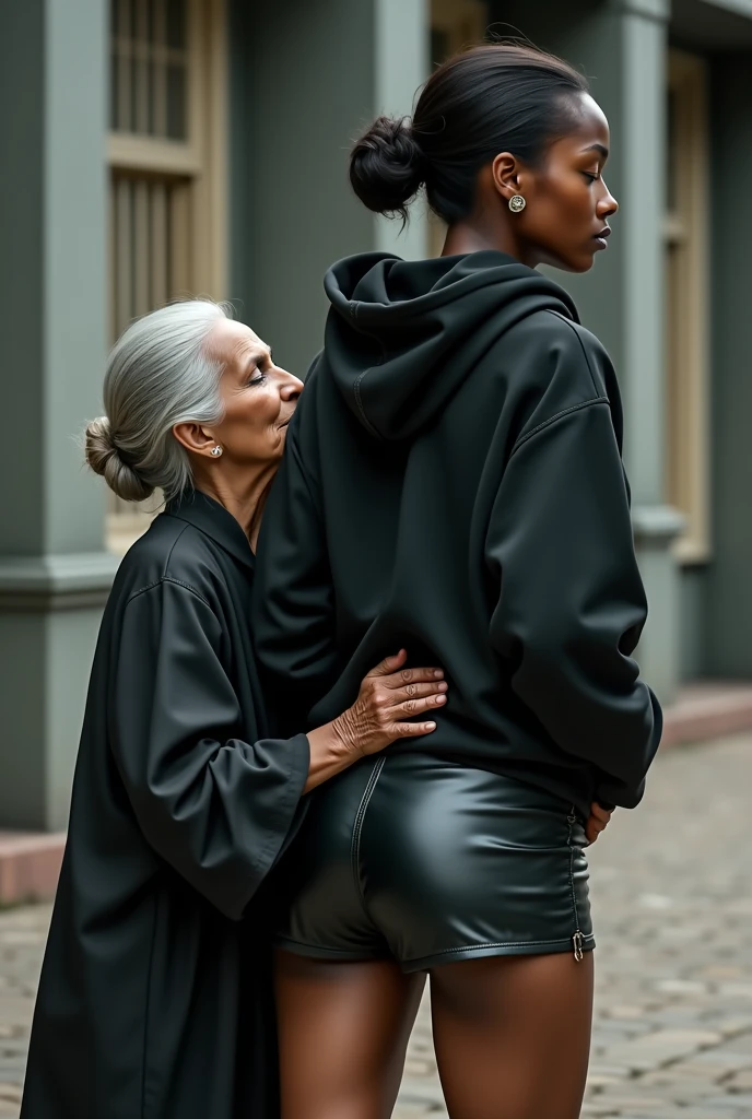 black woman hair in a bun black hoodie black leather short shorts a old grandma in a dress on her knees kissing her ass behind her squeezing her butt