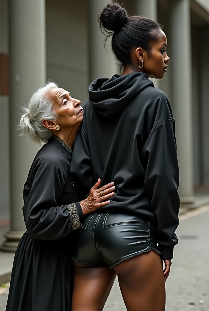 black woman hair in a bun black hoodie black leather short shorts a old grandma in a dress on her knees kissing her ass behind her squeezing her butt