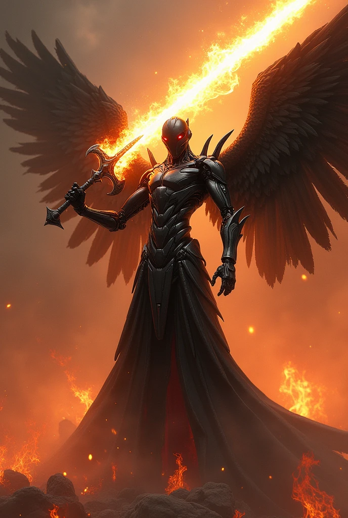 Black angel style robot with fire sword