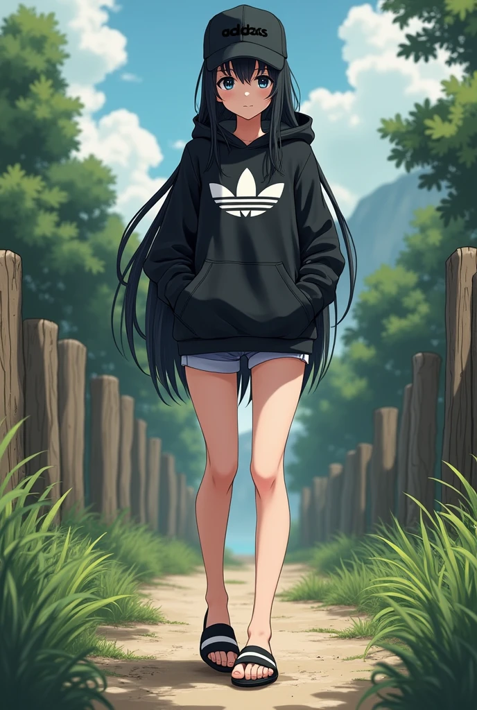 Sexy anime girl, long black hair, black eyes, wear black adidas striped slippers white and black, barefoot, wear black adidas cap, wear black adidas hood, wear black adidas short hot pants, background is countryside, with rape by old man