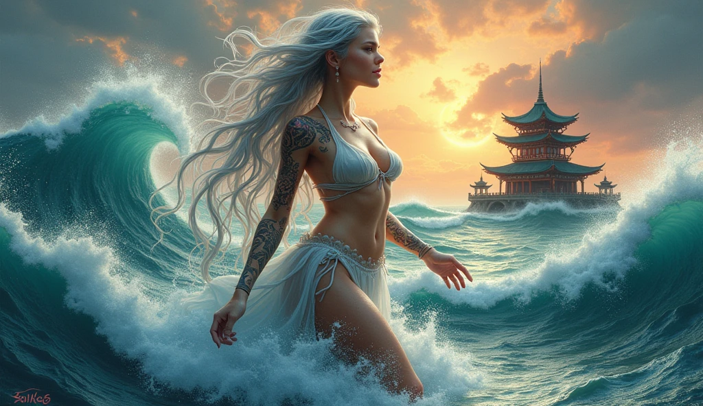 ,beautiful goddess emerging from the ocean, caucasian girl with shiny silver hair, full female body, golden eyes, wild waves, big waves, oriental mandala tattoos, transparent dresses, skin wet with water, stormy sky, sunset sky red stormy clouds, ancient temple floating in the sea, floating old clock, lamp, lantern, beautiful girl with a slight smile, transparent blouse, black vikini, fantasy, fractal,,  Sakimichan-style art, slight smile, legs open, pubic hair view, 1 sexy girl, exposed breasts, open transparent T-shirt, Mandala and flower tattoos, Best Quality ,black hair fused with platinum and gold, naked girl, visible beautiful pubic area, pink pesons, small breasts in sight, tattoos on the naked body, old floating clock, lamp, lantern , skin wet with water,  open legs,multicolored sea waves, full body, sea ​​goddess rising from water and waves,, beautiful girl closeup view,, Belinda, blonde brown hair, dappled sunlight, luminescent glow orange cyan liquid lamp, liquid splash art, sky with storm and a psychedelic nebula silhouette, tribal, wide angle shot, red, green, brown, luminescent glow colors liquid, digital painting, by Koos Roos art, sharp focus, studio shot, intricate detail, effect splash, small bubbles floating, highly detailed, sharp focus, studio shot, intricate detail, highly detailed, by Koos Roos, multicolored ocean, psychedelic moving waves, long hair fused into multicolored sea waves, light lantern, lamp and antique clock,water-soaked skin and clothing, mujer desnuda, nalgas grandes, dama desnuda,