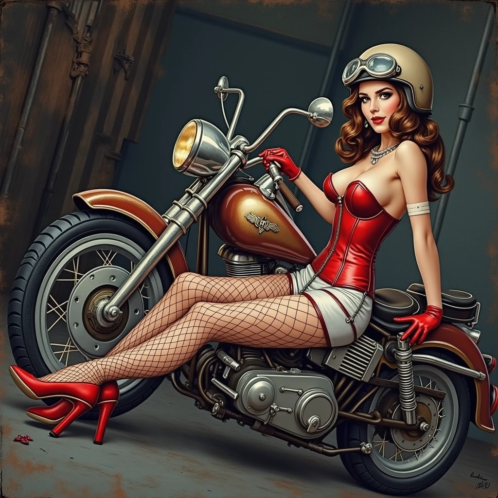 Pin-up girl brunette in motorcycle helmet on old school motorcycle, in red shoes, in a red corset with fishnet stockings. Eldstudio89
