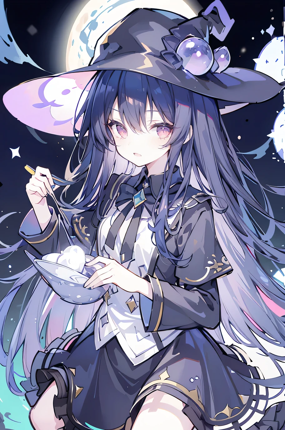 oung Girls,Humanity,A magician always smiles,big witch hat,cute,dark blue long hair,The eyes are dull,The bangs are heavy,Thin eyebrows,fantasy,intake,Double teeth,Star Theme,Constellation pattern,Solid color clothetal decoration,cloak,A bit of a dark atmosphere,A little crazy smile,When the big moon shines outside at night,blood,Hair black star embellishment,Short tie,No nails,High waist skirt,Bell sleeves,Long-sleeved shirt,Black tie,low risk,gentlemen。Mist、Yellow and white effect,Shocking pink as an accent color,Lie on the ground.