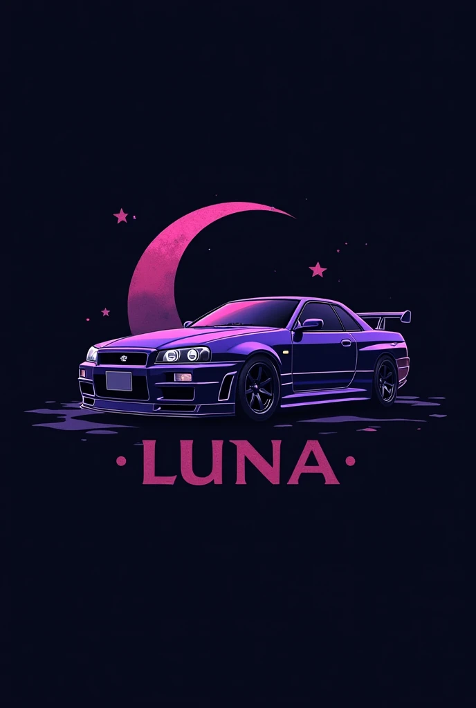High resolution, Logo for Jdm cars, logo spelling “Luna” cool, Jdm theme, anime theme, Midnight Purple Nissan Skyline R34, modern name spelling, moon, simplicity design,