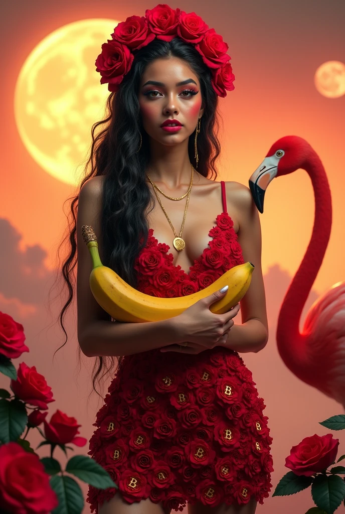 A digital artwork featuring a young woman standing confidently in the center of the frame. She has long, wavy black hair styled with intricate braids and adorned with a headpiece made of vibrant red roses. "
"Her makeup is bold, with striking red lipstick, defined eyebrows, and dramatic eye makeup, including large eyelashes and shimmering eyeshadow. The woman is wearing a form-fitting, sleeveless dress made entirely of red roses, "
"with thin spaghetti straps and a deep V-neckline, enhanced with lace details around the neckline and shoulders. In her hands, she holds a bright yellow banana horizontally near her waist, slightly angled to the left. "
"To her right stands a flamingo with a vibrant red body, black beak, and white face, its neck curved upwards. The background is a surreal blend of an orange and red sky with two large, faint celestial bodies resembling moons. "
"The scene is surrounded by clusters of vivid red roses with deep green leaves at the bottom, adding depth and texture. Incorporate subtle Bitcoin motifs into the headpiece or dress, blending modern financial symbolism with the surreal and enchanting atmosphere. "
"The lighting is soft and diffused, emphasizing warm tones and creating a glowing effect on the woman's face and body. The overall mood is enchanting and otherworldly, with high contrast, vivid saturation, and warm hues dominating the color palette