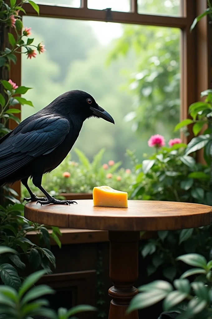 A crow that sees a small piece of cheese on a dining table in a green house and sees it