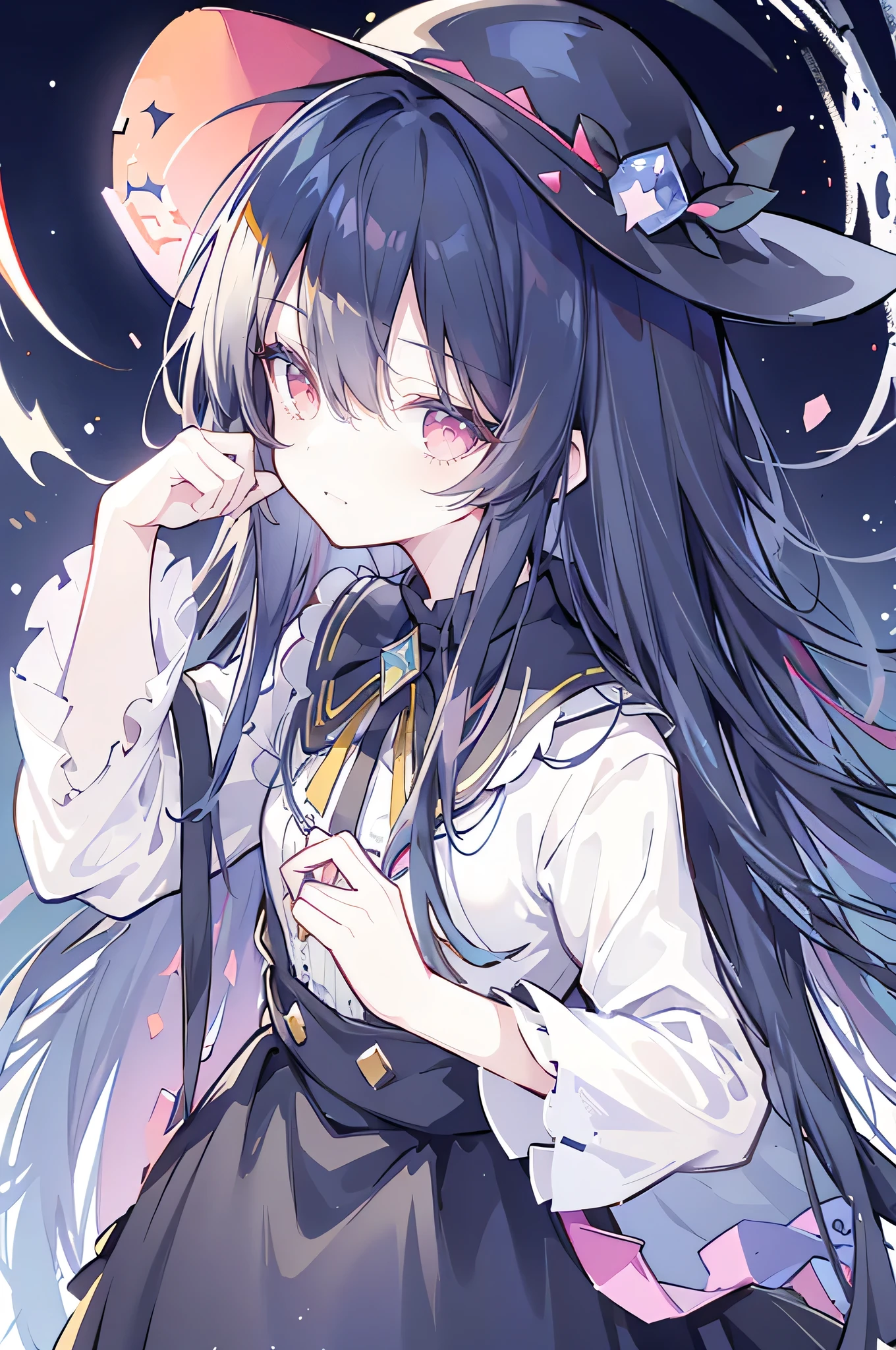 oung Girls,Humanity,A magician always smiles,big witch hat,cute,dark blue long hair,The eyes are dull,The bangs are heavy,Thin eyebrows,fantasy,intake,Double teeth,Star Theme,Constellation pattern,Solid color clothetal decoration,cloak,A bit of a dark atmosphere,A little crazy smile,When the big moon shines outside at night,blood,Hair black star embellishment,Short tie,No nails,High waist skirt,Bell sleeves,Long-sleeved shirt,Black tie,low risk,gentlemen。Mist、Yellow and white effect,Shocking pink as an accent color,Lie on the ground.