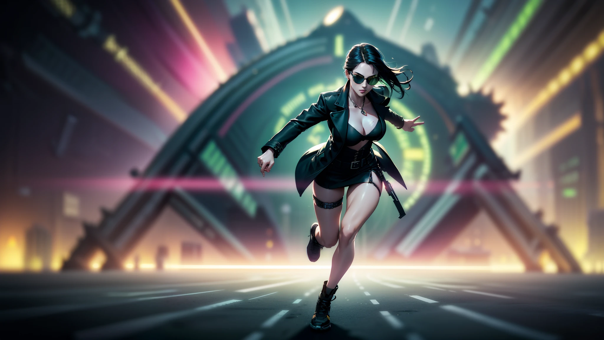 cyberpunk-style city with a nocturnal vibe with Matrix-like aesthetic references, glowing huge clock tower as time machine, green glowing cascading code. At night, (1girl, solo, alone), photorealistic, medium-breast slim:0.6 body, oval:0.5 face, cleavage:1.1, sexy black laced bra, miniskirt, white laced panty, coat, (black micro sunglasses), (holding a short gun), (slightly leaning forward running pose), ((half-body thigh level medium shot)), cinematic lighting, ray tracing, motion blurred background.
