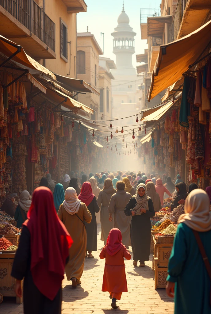 Many Muslim people are shopping in a market, it will be morning, some of them will be children, some will be young, some will be old,