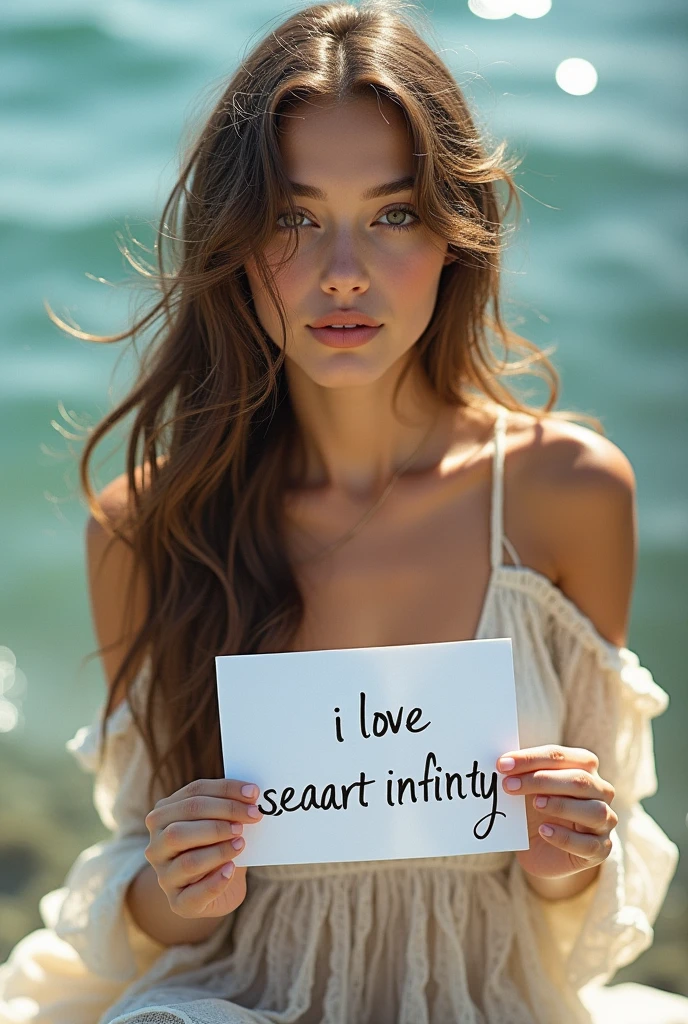 Beautiful girl with wavy long hair, bohemian dress, holding a white board with text "I Love Seaart Infinity" and showing it to the viewer