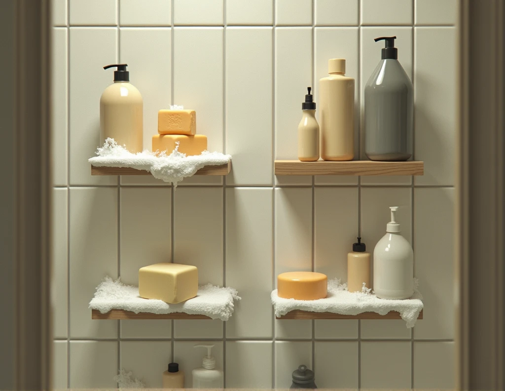 In the bathroom there were traces of soap and shampoo on the shelves.