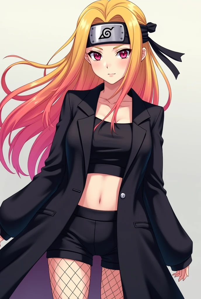 Long yellow pink gradation bottoms-haired girl, wearing a konoha headband and sharingan eyes red of the Uchiha clan. Wearing a crop top blazer and shorts and wearing a black seba coat, white and fair-faced , wearing fishnet stockings 