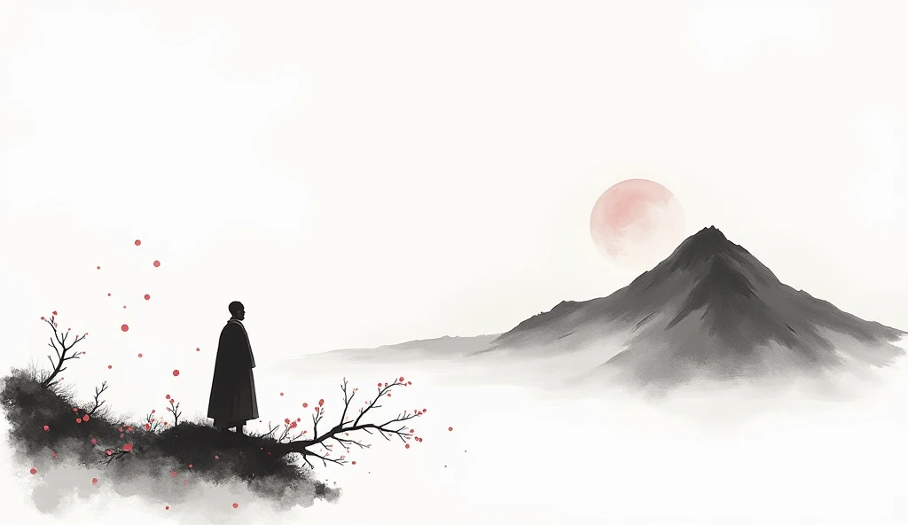 Lots of white space ,White background, simple, Minimalism, Abstract,Hand Painted,Aesthetic,black and white,Ink Painting,,a mountain,There are plum blossoms,Man looking into the distance,Monk,一幅Abstract的艺术插图, author:Xu Shuai, Arte no estilo de Gu Weiss, Shin Jin Hye, Obra-prima de Gu Weiss, Ross Figure 1. 0, Beautiful digital illustrations, Inspired by Non-WLOP, simple數位藝術, jingna zhang, Gu Weiss, Stunning digital illustrations