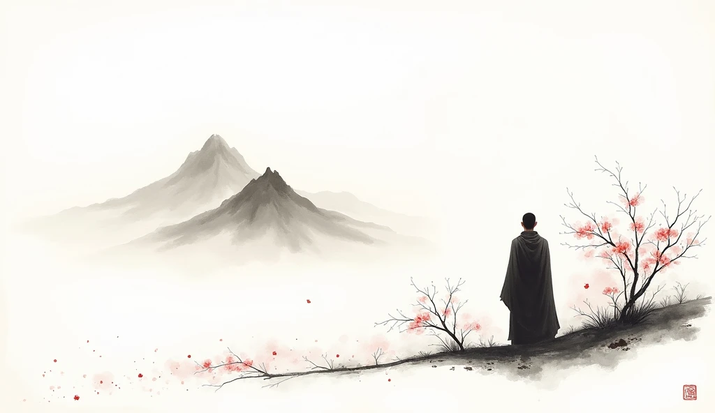 Lots of white space ，White background, simple, Minimalism, Abstract,Hand Painted，Aesthetic，black and white，Ink Painting，，a mountain，There are plum blossoms，Man looking into the distance，Monk，一幅Abstract的艺术插图, author：Xu Shuai, Arte no estilo de Gu Weiss, Shin Jin Hye, Obra-prima de Gu Weiss, Ross Figure 1. 0, Beautiful digital illustrations, Inspired by Non-WLOP, simple數位藝術, jingna zhang, Gu Weiss, Stunning digital illustrations