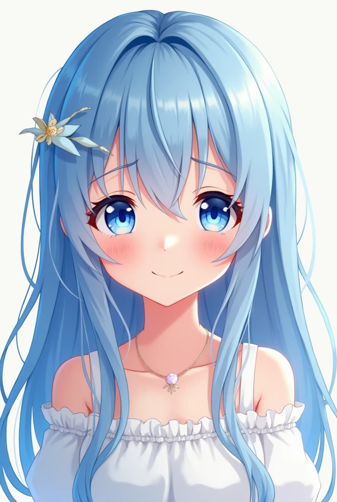 Blue eye anime girl looking straight to me cute girl with light blue hair and smiling face , hair long and straight head.