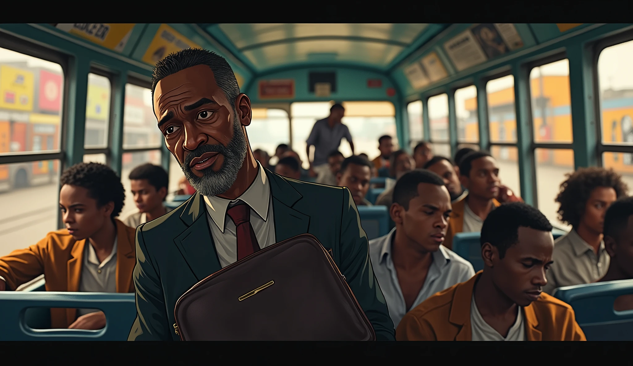 The African teacher boards a bus to his home and along the way a thief steals his wallet, the teacher is embarrassed  .