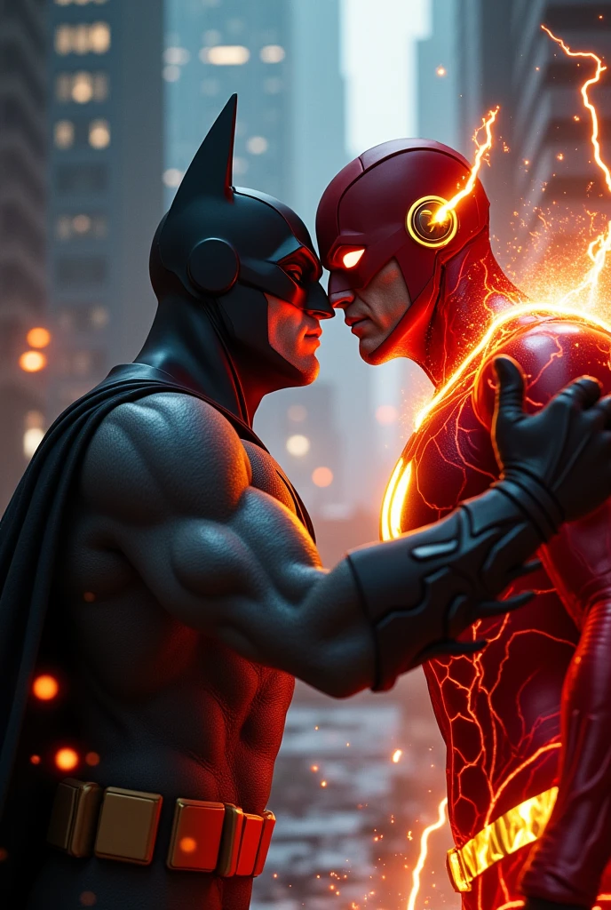 Flash delivering a fatal blow to Batman, intense close-up, dramatic action, hyperrealistic detailing, lightning effects, Gotham's dark and stormy night, emotional tension, high contrast, 8k --ar 16:9