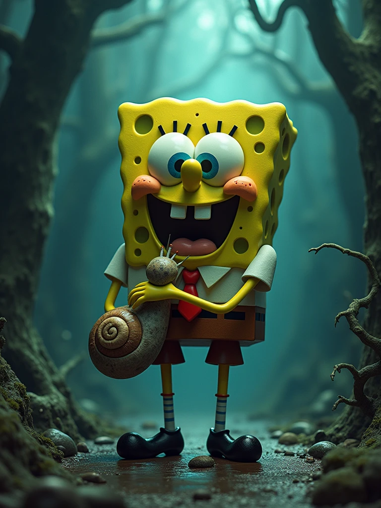 ((SpongeBob SquarePants:)1.2)standing while holding onto Gary his pet snail, spiritual eerie creepy picture, surreal dark fantasy, dark surreal art, surreal dark art, dramatic artwork, grim, horror surreal art, gothic fantasy art, dark fantasy horror art, hyper-psychedelic blending elements of fantasy and horror, ((more detail, enhnaced-poster))