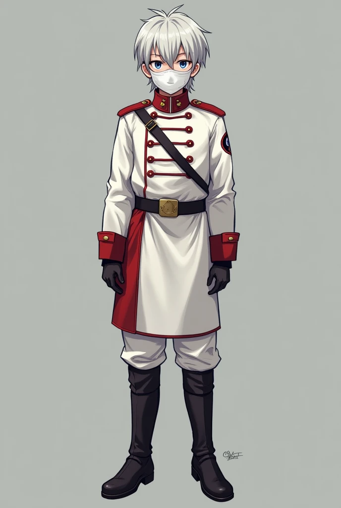 (Maximum resolution, Clearly_image) Excellent, masterpiece, High Detail, Solid color background，one person，Full body portrait，A very beautiful boy, Normal handsome posture, Silver short hair, blue eyes, Wearing half a white mask，Cover your eyes，Indifferent expression, 1, young, Tall and big , White and red military uniform, Military Pants, Military boots, confident, Serious, Cold and arrogant, Standing facing us，Full body portrait