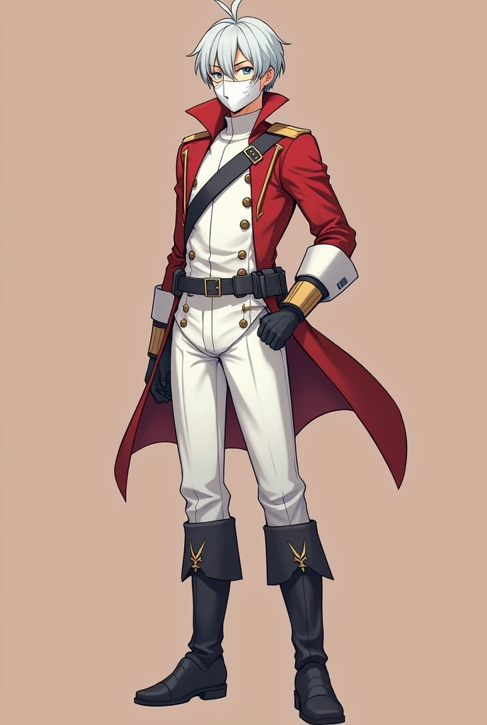 (Maximum resolution, Clearly_image) Excellent, masterpiece, High Detail, Solid color background，one person，Full body portrait，A very beautiful boy, Normal handsome posture, Silver short hair, blue eyes, Wearing half a white mask，Cover your eyes，Indifferent expression, 1, young, Tall and big , White and red military uniform, Military Pants, Military boots, confident, Serious, Cold and arrogant, Standing facing us，Full body portrait