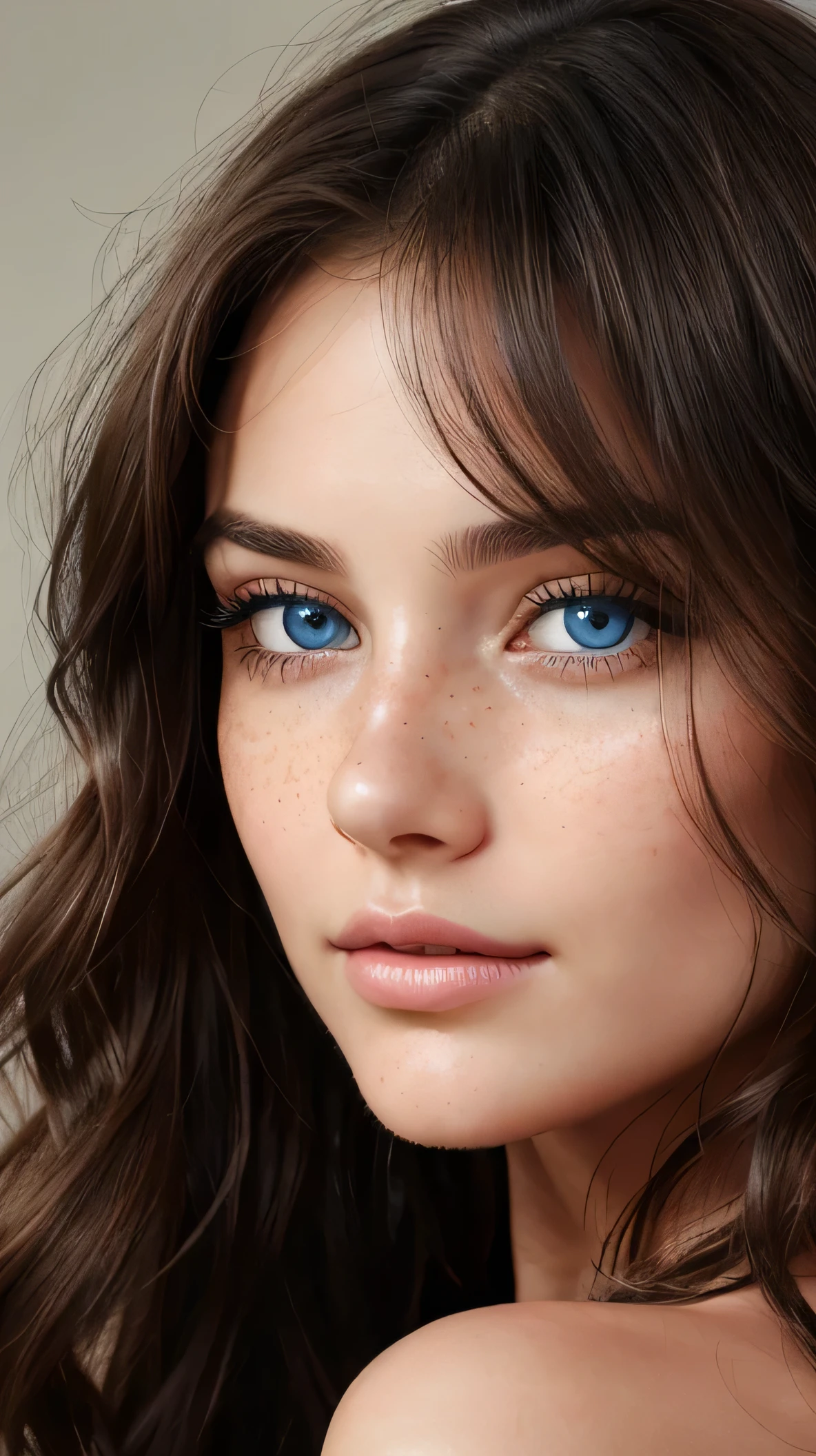 A hyper-realistic digital portrait of a young woman with captivating, vivid blue eyes. She has wavy, dark brown hair that softly frames her face, with a few strands falling across her smooth, fair skin. Her skin glows naturally, highlighting the light freckles on her cheeks and nose. The lighting is soft and warm, enhancing her neutral, slightly contemplative expression with her full lips gently parted. The overall composition balances detailed realism and subtle stylization, particularly emphasizing the depth in her eyes and the natural flow of her hair.