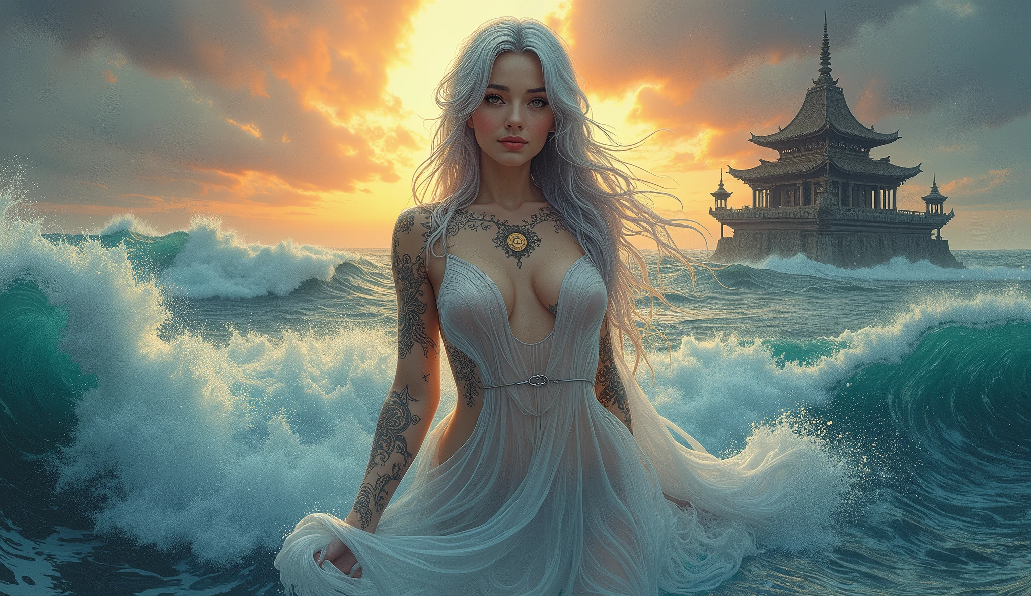 ,beautiful goddess emerging from the ocean, caucasian girl with shiny silver hair, full female body, golden eyes, wild waves, big waves, oriental mandala tattoos, transparent dresses, skin wet with water, stormy sky, sunset sky red stormy clouds, ancient temple floating in the sea, floating old clock, lamp, lantern, beautiful girl with a slight smile, transparent blouse, black vikini, fantasy, fractal,, Sakimichan-style art, slight smile, legs open, pubic hair view, 1 sexy girl, exposed breasts, open transparent T-shirt, Mandala and flower tattoos, Best Quality ,black hair fused with platinum and gold, naked girl, visible beautiful pubic area, pink pesons, small breasts in sight, tattoos on the naked body, old floating clock, lamp, lantern , skin wet with water, open legs,multicolored sea waves, full body, sea goddess rising from water and waves,, beautiful girl closeup view,, Belinda, blonde brown hair, dappled sunlight, luminescent glow orange cyan liquid lamp, liquid splash art, sky with storm and a psychedelic nebula silhouette, tribal, wide angle shot, red, green, brown, luminescent glow colors liquid, digital painting, by Koos Roos art, sharp focus, studio shot, intricate detail, effect splash, small bubbles floating, highly detailed, sharp focus, studio shot, intricate detail, highly detailed, by Koos Roos, multicolored ocean, psychedelic moving waves, long hair fused into multicolored sea waves, light lantern, lamp and antique clock,water-soaked skin and clothing, mujer desnuda, nalgas grandes, dama desnuda,