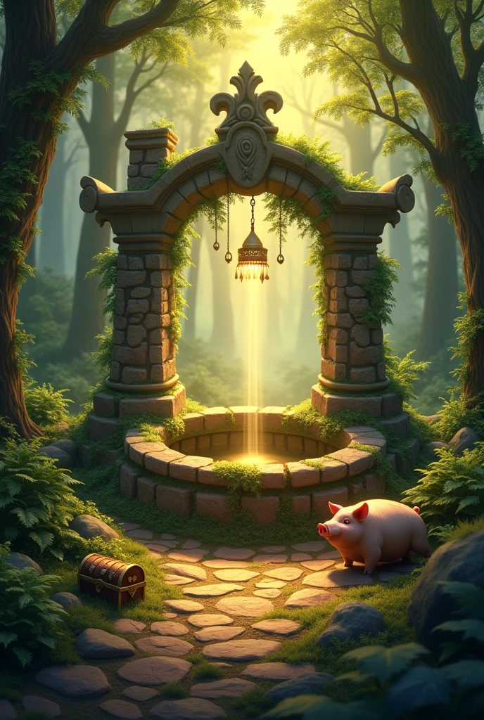 A large well in the forest with golden light and a valuable treasure chest near the well. There is a pig guarding the treasure.