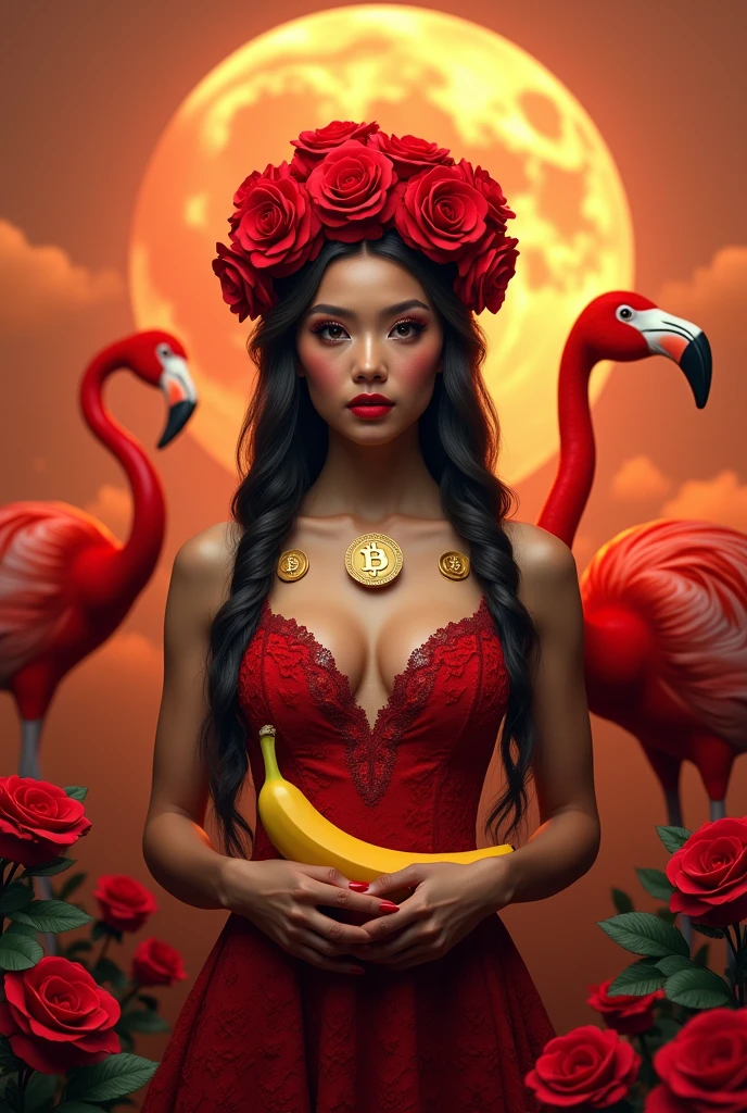 A digital artwork featuring a young woman standing confidently in the center of the frame. She has long, wavy black hair styled with intricate braids and adorned with a headpiece made of vibrant red roses. "
"Her makeup is bold, with striking red lipstick, defined eyebrows, and dramatic eye makeup, including large eyelashes and shimmering eyeshadow. The woman is wearing a form-fitting, sleeveless dress made entirely of red roses, "
"with thin spaghetti straps and a deep V-neckline, enhanced with lace details around the neckline and shoulders. In her hands, she holds a bright yellow banana horizontally near her waist, slightly angled to the left. "
"To her right stands a flamingo with a vibrant red body, black beak, and white face, its neck curved upwards. The background is a surreal blend of an orange and red sky with two large, faint celestial bodies resembling moons. "
"The scene is surrounded by clusters of vivid red roses with deep green leaves at the bottom, adding depth and texture. Incorporate subtle Bitcoin motifs into the headpiece or dress, blending modern financial symbolism with the surreal and enchanting atmosphere. "
"The lighting is soft and diffused, emphasizing warm tones and creating a glowing effect on the woman's face and body. The overall mood is enchanting and otherworldly, with high contrast, vivid saturation, and warm hues dominating the color palette