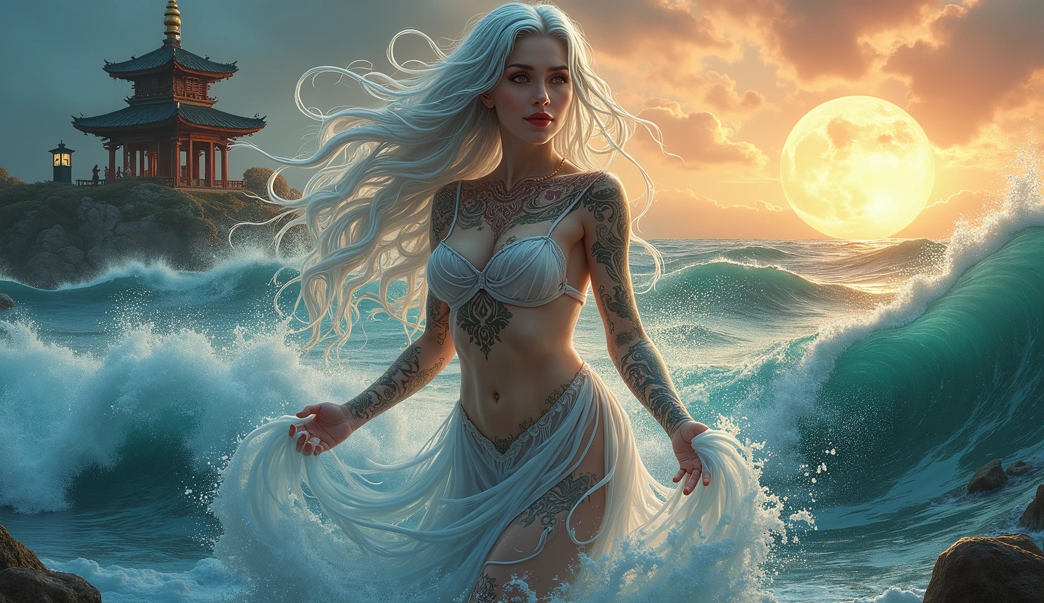 ,beautiful goddess emerging from the ocean, caucasian girl with shiny silver hair, full female body, golden eyes, wild waves, big waves, oriental mandala tattoos, transparent dresses, skin wet with water, stormy sky, sunset sky red stormy clouds, ancient temple floating in the sea, floating old clock, lamp, lantern, beautiful girl with a slight smile, transparent blouse, black vikini, fantasy, fractal,,  Sakimichan-style art, slight smile, legs open, pubic hair view, 1 sexy girl, exposed breasts, open transparent T-shirt, Mandala and flower tattoos, Best Quality ,black hair fused with platinum and gold, naked girl, visible beautiful pubic area, pink pesons, small breasts in sight, tattoos on the naked body, old floating clock, lamp, lantern , skin wet with water,  open legs,multicolored sea waves, full body, sea ​​goddess rising from water and waves,, beautiful girl closeup view,, Belinda, blonde brown hair, dappled sunlight, luminescent glow orange cyan liquid lamp, liquid splash art, sky with storm and a psychedelic nebula silhouette, tribal, wide angle shot, red, green, brown, luminescent glow colors liquid, digital painting, by Koos Roos art, sharp focus, studio shot, intricate detail, effect splash, small bubbles floating, highly detailed, sharp focus, studio shot, intricate detail, highly detailed, by Koos Roos, multicolored ocean, psychedelic moving waves, long hair fused into multicolored sea waves, light lantern, lamp and antique clock,water-soaked skin and clothing, mujer desnuda, nalgas grandes, dama desnuda,