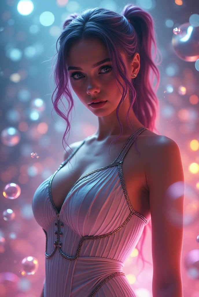 SD model prompt here: A scene inspired by a fantastical dreamscape, A woman in a fluttering outfit and vibrant pigtails sits confidently under the studio lights。. Her huge breasts and young々Makes your skin look beautiful, It's floating in the air like an airy bubble.. The model is wearing a multicolored pleated leotard reminiscent of ninja armor in shiny metallic bright tones.。, The intricate details draw the viewer into this fantastical world.. focus on her upper body, The impressive bust is photographed in high resolution with clear studio lighting.、It highlights her sparkling eyes and captivating features.。.