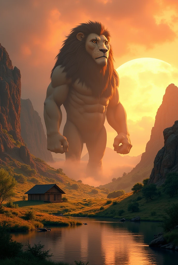A stunning landscape of the African wilderness, a beautiful sunrise over a tranquil lake, a very small African hut on one side of the scene, dramatic cinematic lighting, majestic rock formations, no animals or evil, stunning view, extreme detail, (best quality, 4k, 8k, high definition, masterpiece: 1.2), extreme detail, (realistic, realistic, photorealistic: 1.37), dramatic lighting, cinematic composition Pixar style close to the Lion King animation The land area is larger than the lake Trees and rocks Attention to precise theatrical perspective High quality on the scale of theatrical design Clear details Greek character dominates the place, D&D game. Cartoon style