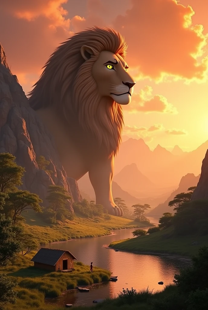 A stunning landscape of the African wilderness, a beautiful sunrise over a tranquil lake, a very small African hut on one side of the scene, dramatic cinematic lighting, majestic rock formations, no animals or evil, stunning view, extreme detail, (best quality, 4k, 8k, high definition, masterpiece: 1.2), extreme detail, (realistic, realistic, photorealistic: 1.37), dramatic lighting, cinematic composition Pixar style close to the Lion King animation The land area is larger than the lake Trees and rocks Attention to precise theatrical perspective High quality on the scale of theatrical design Clear details Greek character dominates the place, D&D game. Cartoon style