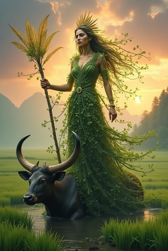The majestic emergence of the Goddess of Earth from a lush paddy field bathed in the soft glow of dawn. She rises gracefully, her body a blend of fertile soil and tender green shoots, as if the very essence of the land has taken human form. Her face is a gentle blend of earthy tones, with eyes sparkling like dew-kissed emeralds and hair cascading in a tapestry of vines and leaves. The foliage entwines her limbs and adorns her form, creating an organic gown that flows with the whispers of the morning breeze. In one hand, she holds a golden scythe, symbolizing the harvest's bounty, while the other rests upon the back of a docile water buffalo, a silent witness to her ethereal presence. The field around her stretches out, a canvas of vibrant greens punctuated by the reflective surfaces of the flooded rice paddies. Above, the sky transitions from the deep purples of night to the warm oranges and yellows of the new day, mirroring the transformation occurring before our eyes. The scene is suffused with an otherworldly light that casts long, serene shadows across the landscape, hinting at the divine intervention that has brought forth this celestial being. The Goddess stands tall, a beacon of nurture and sustenance, her emergence a promise of prosperity and harmony between the realms of nature and humanity.
