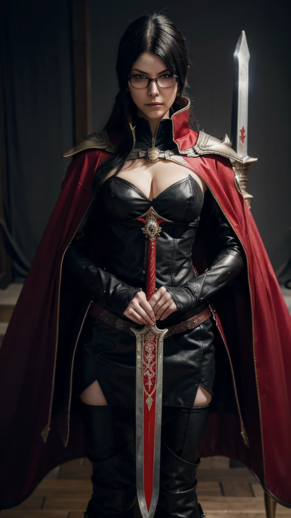 Bayonetta from Bayonetta 3 in Nordic armor with red cape with black-bladed swords in hands