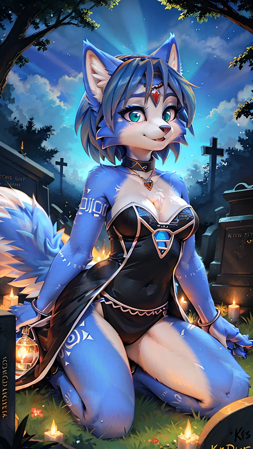 A beautiful and detailed (cute portrait) wa ((krystal)), Star Fox krystal, sslim, lovable, green eyes, medium breasts, (((Long blue hair 1.3))), Decollete, anthro, furry, Uploaded E621, detailed fluffy fur, (wa Fluff-Kevlar, Bayard Wu, Pino Daeni), detailed face, (fluffy), 1 girl, alone, sweet girl, hole body, wichgirl, driven body, Magic girl, Cemetery landscape, Skeleton hands protrude from the ground and reach, Vampire dress