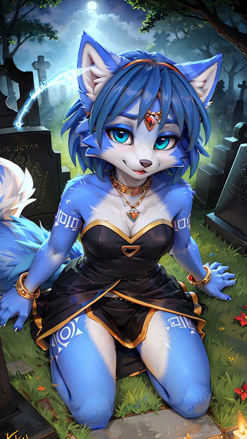 A beautiful and detailed (cute portrait) wa ((krystal)), Star Fox krystal, sslim, lovable, green eyes, medium breasts, (((Long blue hair 1.3))), Decollete, anthro, furry, Uploaded E621, detailed fluffy fur, (wa Fluff-Kevlar, Bayard Wu, Pino Daeni), detailed face, (fluffy), 1 girl, alone, sweet girl, hole body, wichgirl, driven body, Magic girl, Cemetery landscape, Skeleton hands protrude from the ground and reach, Vampire dress