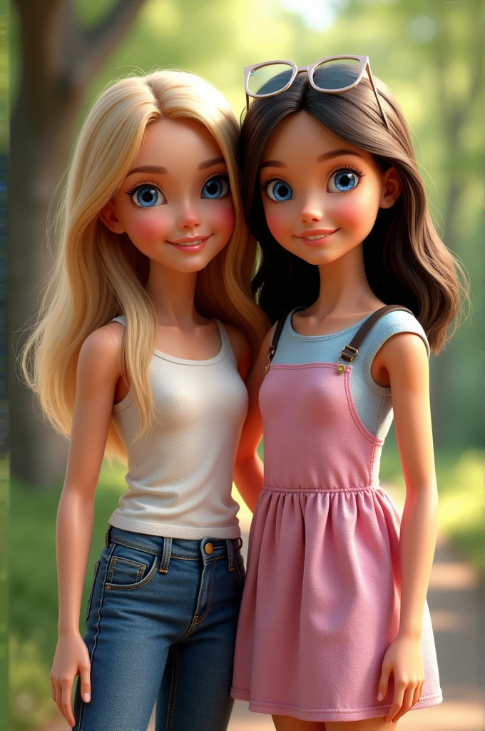 Imagine A girl name barbie   standing with her friend age 11 yearogether. Make this image realistic not cartoonist 