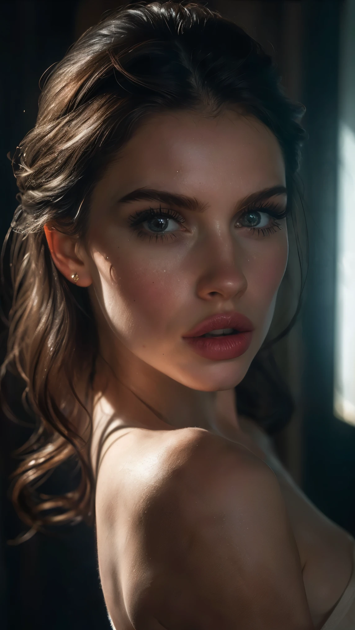 (((ultra realistic))) Photo, masterpiece, top quality, (pale skin), (Ultra detailed face and eyes:1.3), 1 girl, Adult, in a T-shirt, (Eye makeup, mascara) , ((large detailed lips)), ((Dark wavy hair)), ((Chyolka)) , ((Natural breasts)). ((Posing)), photoshoot, studio (soft lighting), (The play of light and shadows), depth of field, bokeh, (special attention to skin detail: 1.2), (Dark atmosphere of the frame, Dark color scheme), ((portrait, close to the camera top view)) , ultra detialed,