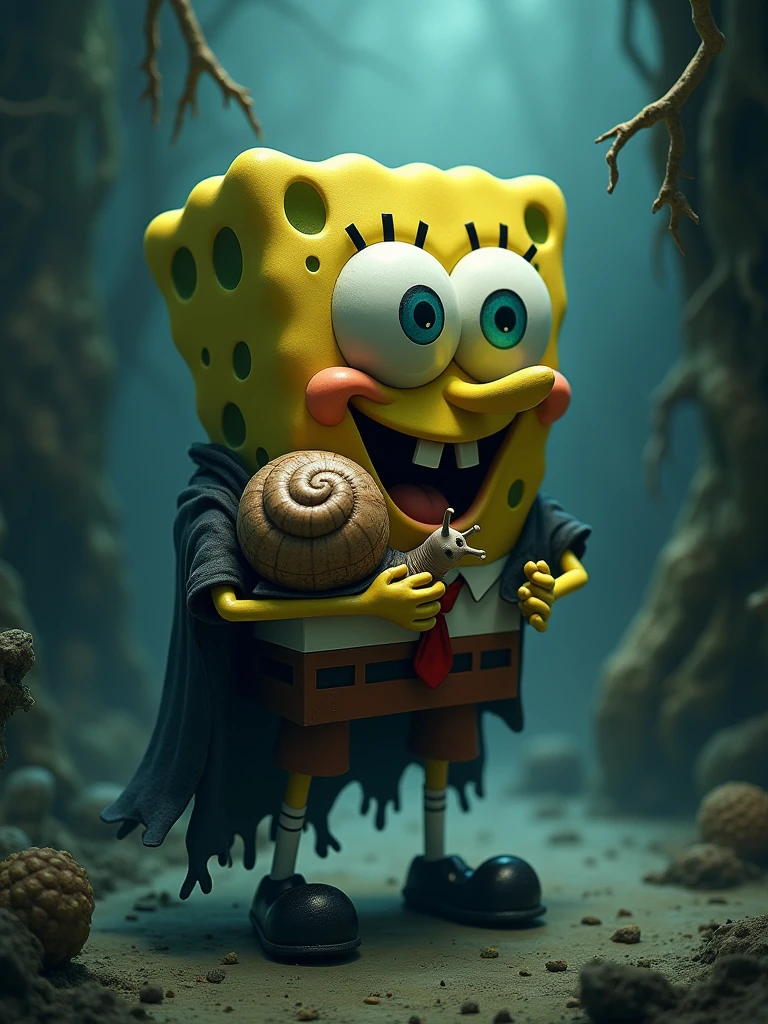 ((SpongeBob SquarePants:)1.2)standing while holding onto Gary his pet snail, spiritual eerie creepy picture, surreal dark fantasy, dark surreal art, surreal dark art, dramatic artwork, grim, horror surreal art, gothic fantasy art, dark fantasy horror art, hyper-psychedelic blending elements of fantasy and horror, ((more detail, enhnaced-poster))