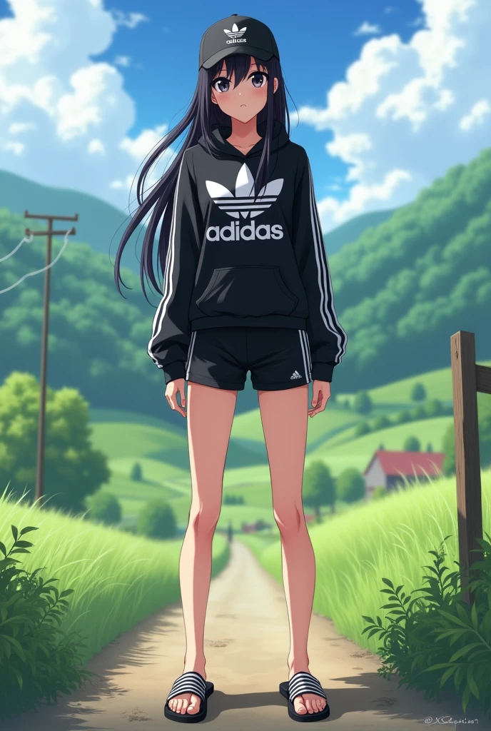 Sexy anime girl, long black hair, black eyes, wear black adidas striped slippers white and black, barefoot, wear black adidas cap, wear black adidas hood, wear black adidas short hot pants, background is countryside,