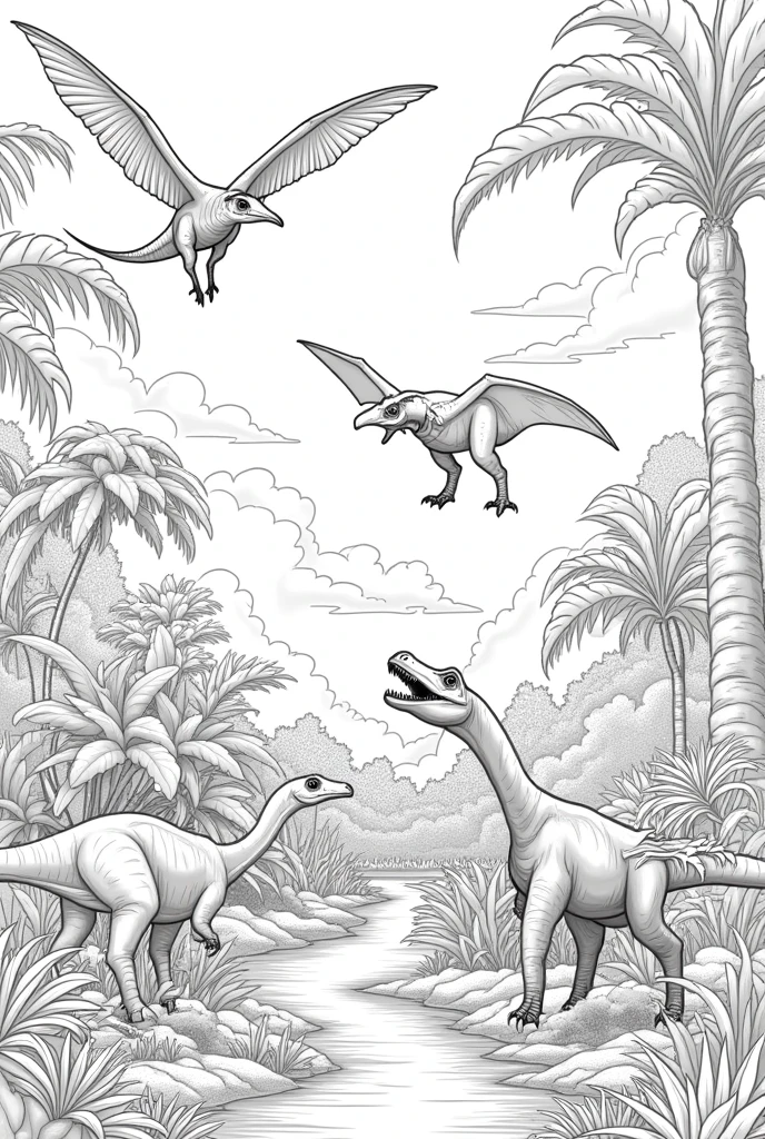 create images of dinosaurs Pterodactyl in their habitat for children's coloring books in black and white in dimensions 26.6 x 20.4 x 0.4 cm