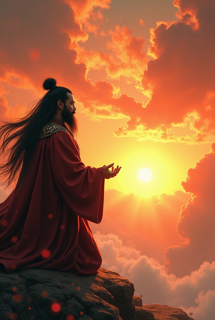A man named Job. Cao Cao, long black beard, standing worshiping God. in the background a sunset