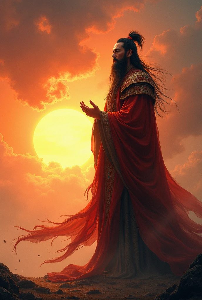A man named Job. Cao Cao, long black beard, standing worshiping God. in the background a sunset