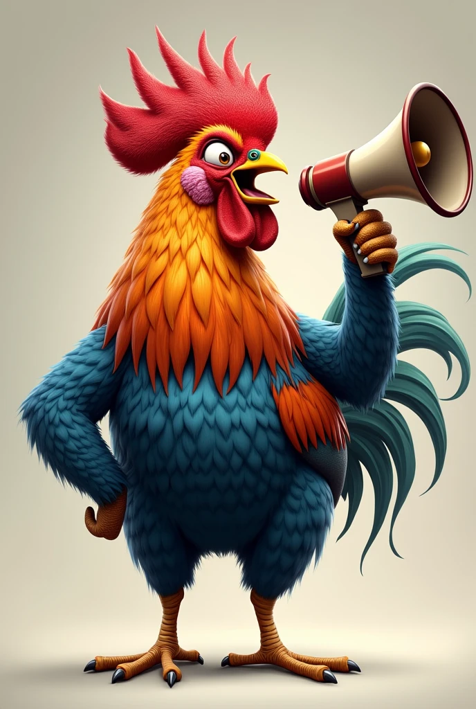 A realistic cartoon fighting cock holding a megaphone, shouting and making announcements, so cool.