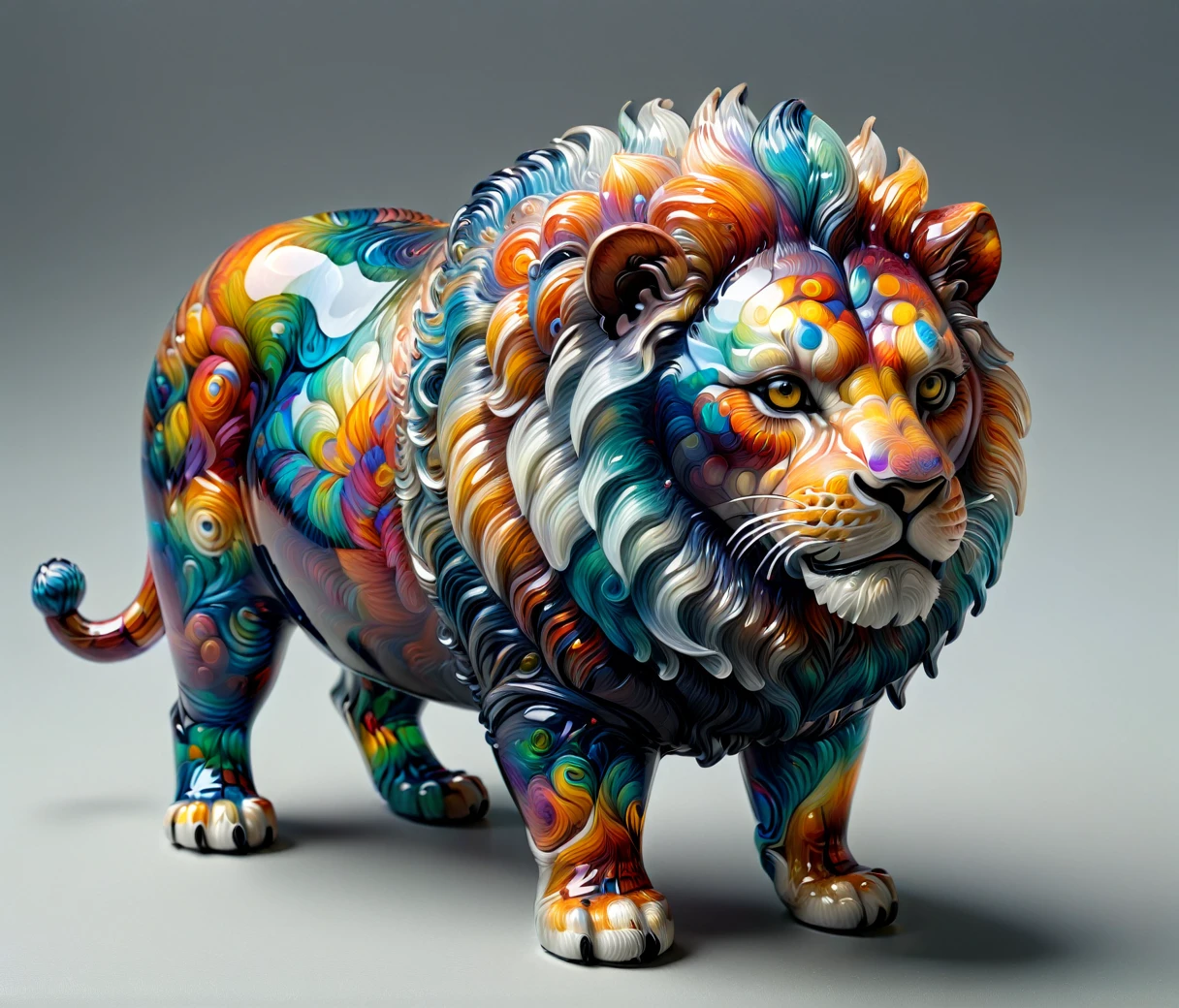 (cute, chubby, male, lion), transparent glass sculpture, vibrant colors, mad-vangoghian, hires textures, highly detailed, intricate details, best quality, photorealism, masterpiece, (((grey background))), detailxl