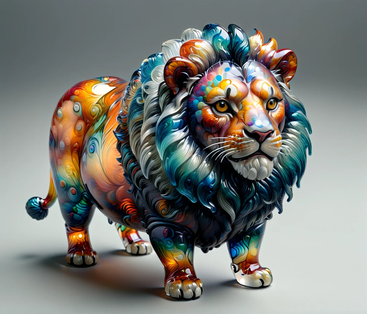 (cute, chubby, male, lion), transparent glass sculpture, vibrant colors, mad-vangoghian, hires textures, highly detailed, intricate details, best quality, photorealism, masterpiece, (((grey background))), detailxl