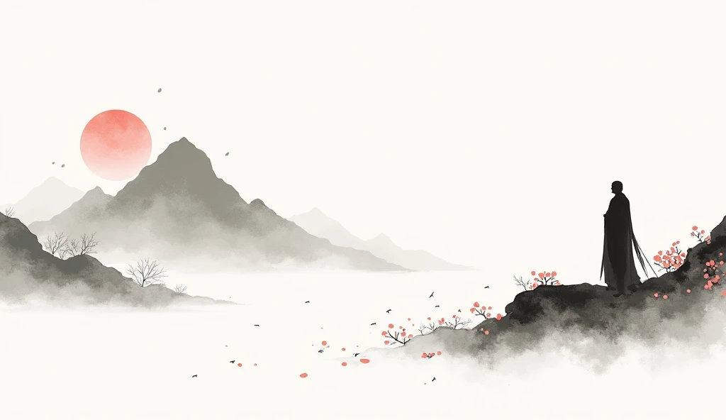 Lots of white space ,White background, simple, Minimalism, Abstract,Hand Painted,Aesthetic,black and white,Ink Painting,,a mountain,There are plum blossoms,Man looking into the distance,Monk,一幅Abstract的艺术插图, author:Xu Shuai, Arte no estilo de Gu Weiss, Shin Jin Hye, Obra-prima de Gu Weiss, Ross Figure 1. 0, Beautiful digital illustrations, Inspired by Non-WLOP, simple數位藝術, jingna zhang, Gu Weiss, Stunning digital illustrations